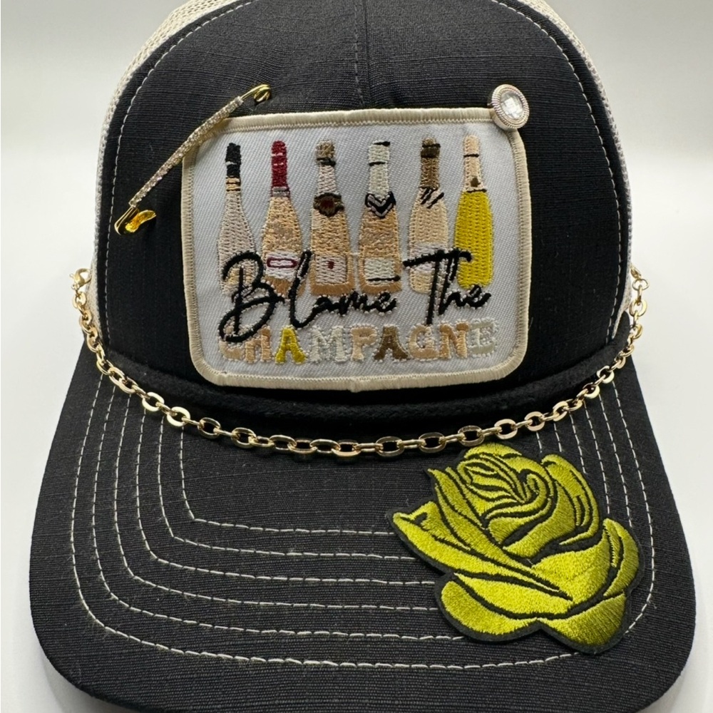 Black Cap with Embroidered Patch Rose and Chain